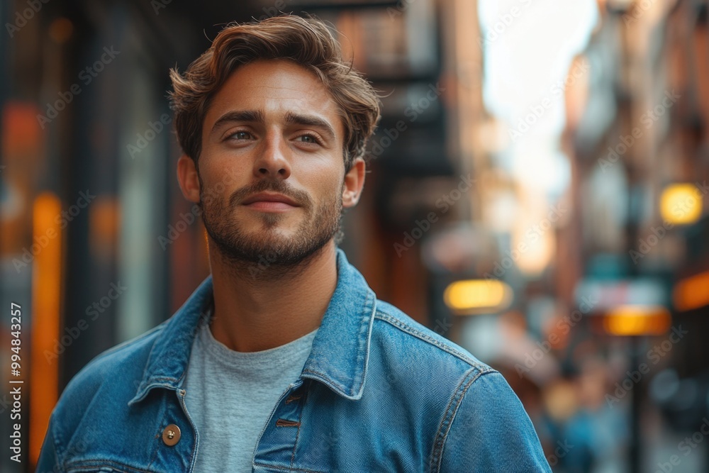 Confident Young Man in Casual Denim Reflects on Life Amidst the Urban Landscape Confident Young Man in Casual Denim Reflects on Life Amidst the Urban Landscape