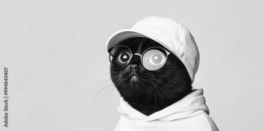 A stylish black cat wearing oversized glasses and a sporty cap poses confidently against a minimalist background, embodying urban flair and playful charm A stylish black cat wearing oversized glasses and a sporty cap poses confidently against a minimalist background, embodying urban flair and playful charm
