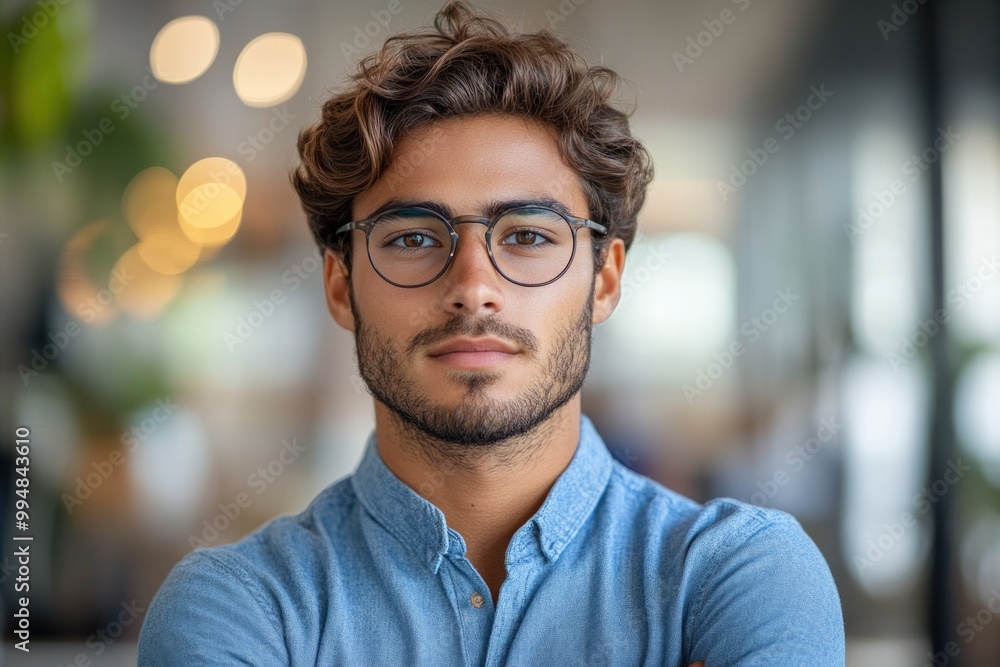 Confident Young Man in Glasses and Blue Shirt with Arms Crossed on Transparent Background Confident Young Man in Glasses and Blue Shirt with Arms Crossed on Transparent Background
