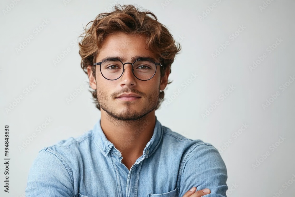 Confident Young Man in Glasses and Blue Shirt with Arms Crossed on Transparent Background Confident Young Man in Glasses and Blue Shirt with Arms Crossed on Transparent Background