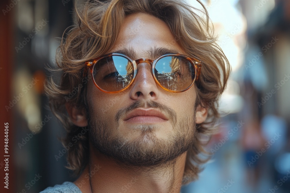 Stylish Young Man in Sunglasses Struts Confidently Down the City Street Stylish Young Man in Sunglasses Struts Confidently Down the City Street