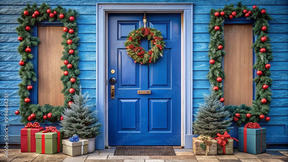 Festive Blue Door Adorned with Evergreen Wreaths and Sparkling Red Ornaments, Flanked by Gift-Wrapped Presents and Small Evergreen Trees Festive Blue Door Adorned with Evergreen Wreaths and Sparkling Red Ornaments, Flanked by Gift-Wrapped Presents and Small Evergreen Trees