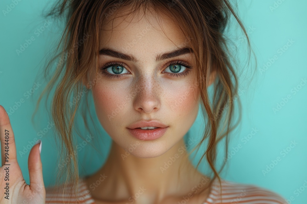 Serious Woman in Striped T-Shirt: A Striking Portrait of Emotion Against a Pastel Blue Background Serious Woman in Striped T-Shirt: A Striking Portrait of Emotion Against a Pastel Blue Background