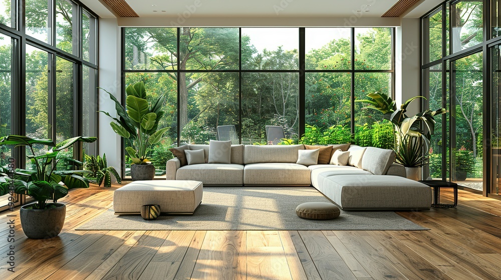 A spacious modern living room, with sleek furniture and green plants accentuating the luxury, large windows casting soft light on the wooden floor A spacious modern living room, with sleek furniture and green plants accentuating the luxury, large windows casting soft light on the wooden floor