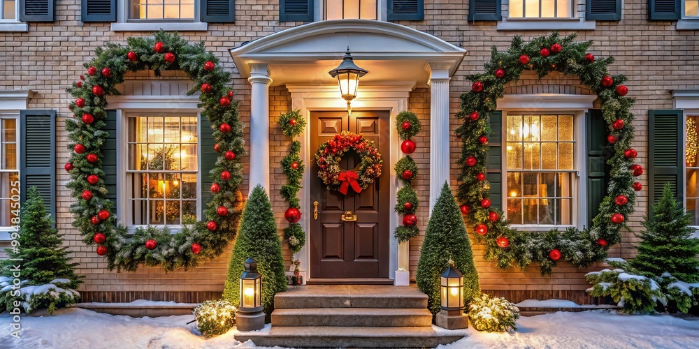 A traditional brick home adorned with festive wreaths and ornaments, creating a warm and inviting holiday ambiance. A traditional brick home adorned with festive wreaths and ornaments, creating a warm and inviting holiday ambiance.