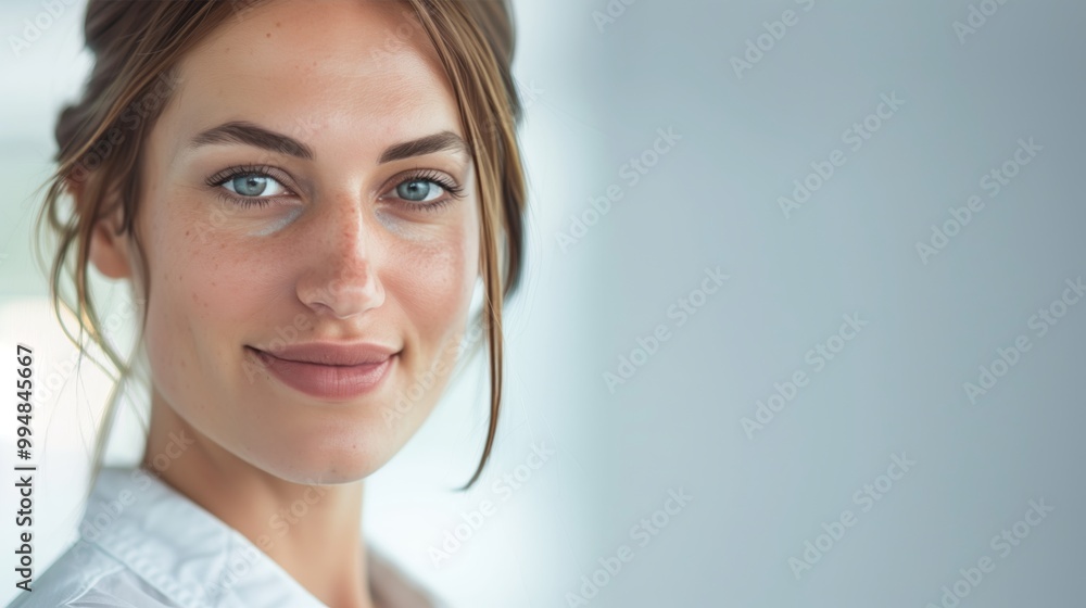 Portrait of a Confident Young Woman with Blue Eyes and a Warm Smile in a Light and Airy Background - Ideal for Professional Headshots and Lifestyle Blogs Portrait of a Confident Young Woman with Blue Eyes and a Warm Smile in a Light and Airy Background - Ideal for Professional Headshots and Lifestyle Blogs