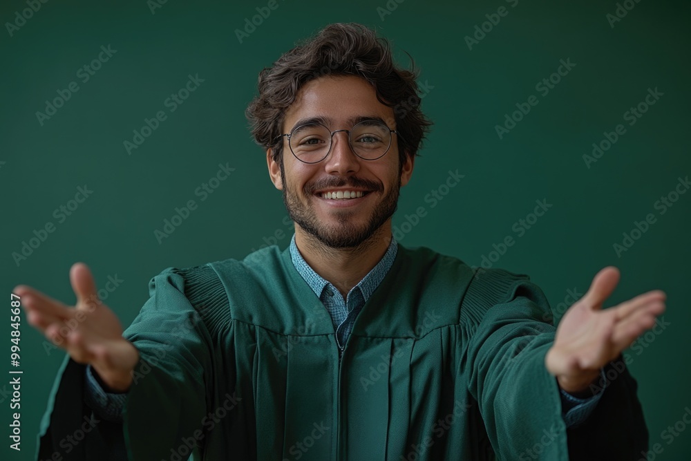 Inviting Young Graduate: Open Arms and a Warm Welcome Against a Vibrant Chroma Key Background Inviting Young Graduate: Open Arms and a Warm Welcome Against a Vibrant Chroma Key Background