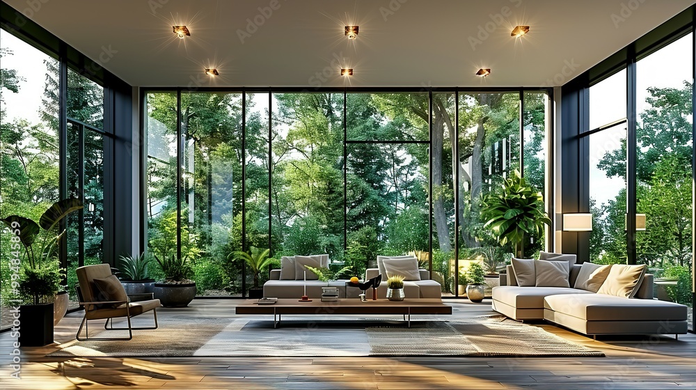 Fototapeta premium A spacious modern living room, with sleek furniture and green plants accentuating the luxury, large windows casting soft light on the wooden floor