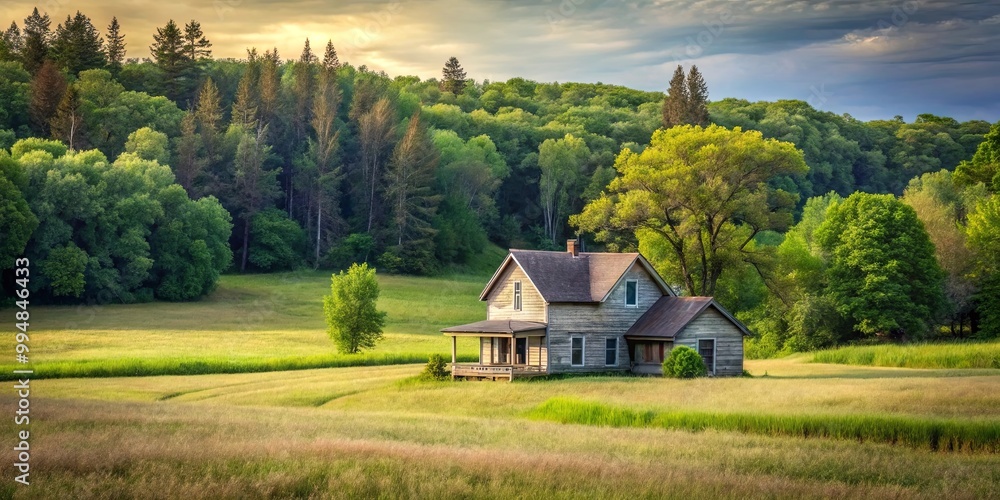 A weathered farmhouse nestled in a verdant field, surrounded by a tranquil forest and bathed in the golden hues of a setting sun. A weathered farmhouse nestled in a verdant field, surrounded by a tranquil forest and bathed in the golden hues of a setting sun.