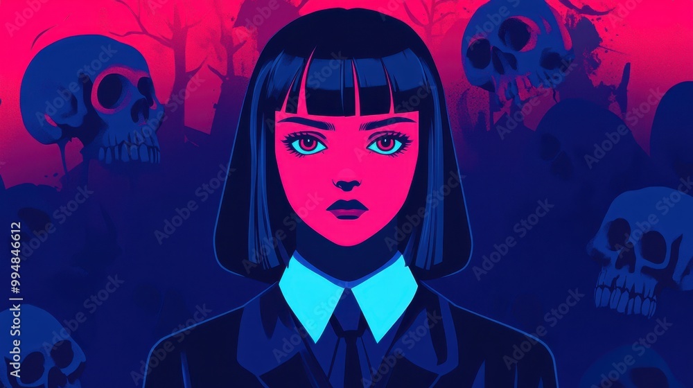 A striking portrait of a girl with dark hair and an intense gaze, set against a vibrant backdrop. A striking portrait of a girl with dark hair and an intense gaze, set against a vibrant backdrop.