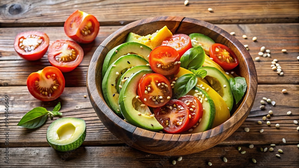 A Rustic Wooden Bowl Filled with a Vibrant Salad of Sliced Avocado, Tomatoes, and Sesame Seeds A Rustic Wooden Bowl Filled with a Vibrant Salad of Sliced Avocado, Tomatoes, and Sesame Seeds