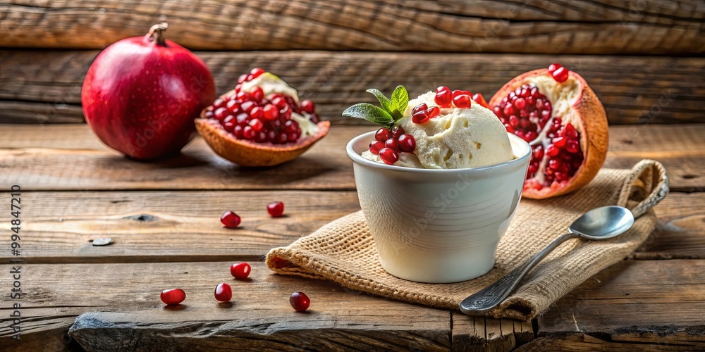 Creamy vanilla ice cream with a burst of pomegranate seeds, a refreshing treat on a rustic wooden table Creamy vanilla ice cream with a burst of pomegranate seeds, a refreshing treat on a rustic wooden table