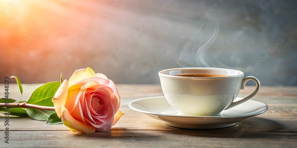 A steaming cup of tea and a delicate pink rose on a wooden surface, bathed in the warm glow of morning sunlight. A steaming cup of tea and a delicate pink rose on a wooden surface, bathed in the warm glow of morning sunlight.