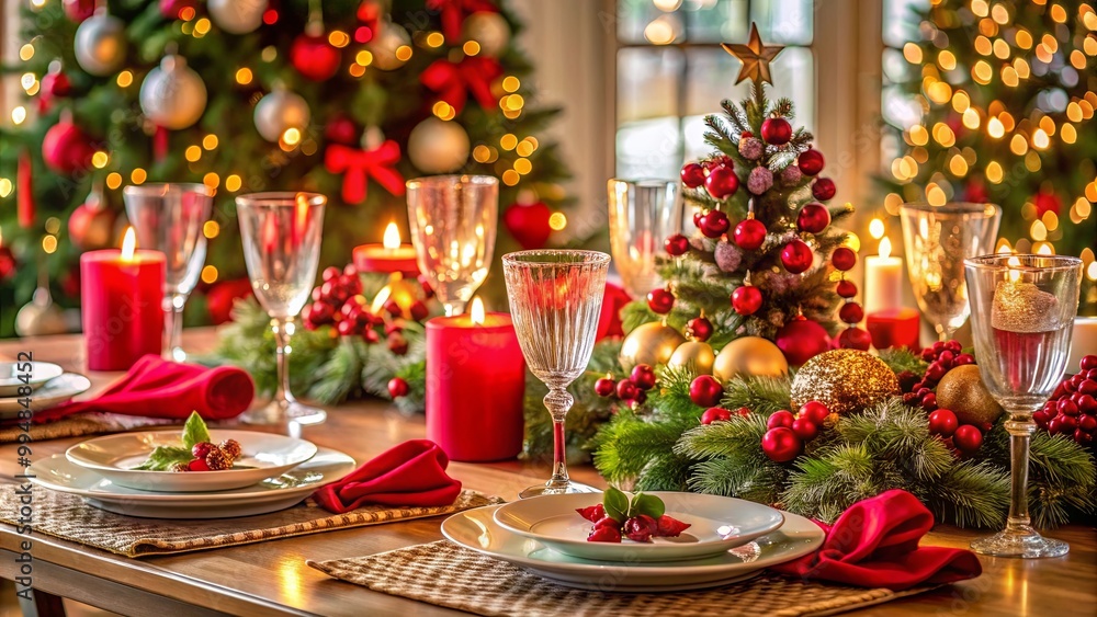 A Festive Christmas Table Setting with Red Candles, Gold Ornaments, and a Miniature Christmas Tree A Festive Christmas Table Setting with Red Candles, Gold Ornaments, and a Miniature Christmas Tree