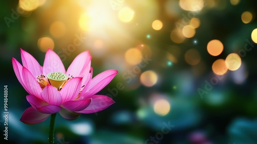 Beautiful pink lotus flower blooming in sunlight with bokeh background.