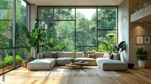 A spacious modern living room, with sleek furniture and green plants accentuating the luxury, large windows casting soft light on the wooden floor