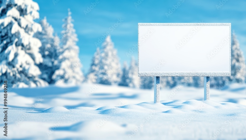 Fototapeta premium Blank billboard in a snowy landscape with evergreen trees under a clear blue sky.