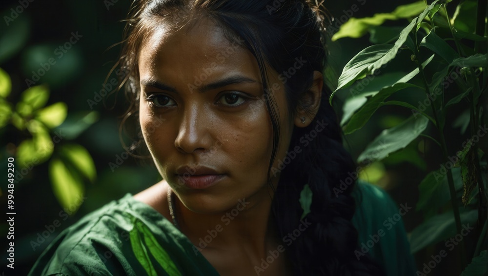 South Asian woman in traditional outfit with serious expression South Asian woman in traditional outfit with serious expression