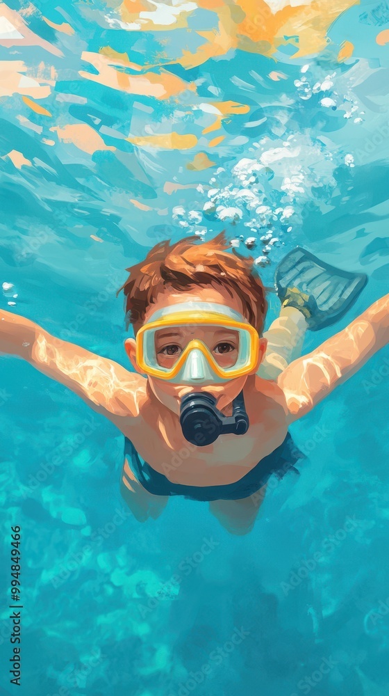 Fototapeta premium Boy snorkeling underwater enjoying the ocean adventure, vibrant blue water.
