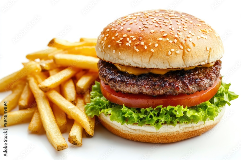 Close up of tasty burger isolated on white background. french fries and the burger with meat, cooking a burger at home. junk fast food. generative ai Close up of tasty burger isolated on white background. french fries and the burger with meat, cooking a burger at home. junk fast food. generative ai