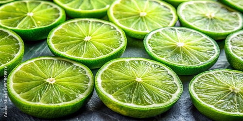 A vibrant collection of lime slices, their bright green flesh illuminated by natural light, revealing intricate textures and a juicy promise of tangy flavor.