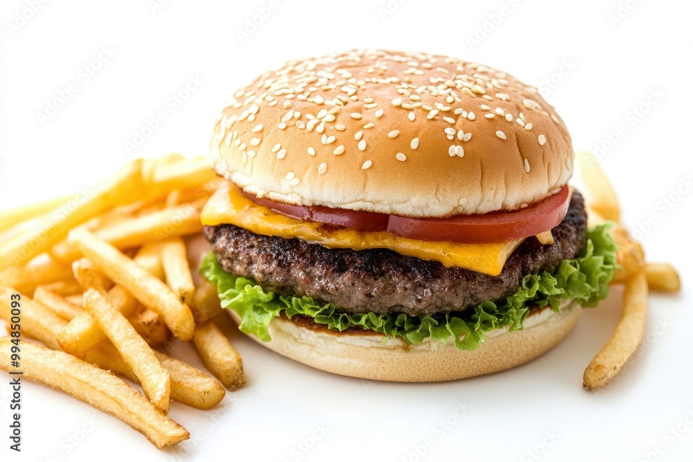 Close up of tasty burger isolated on white background. french fries and the burger with meat, cooking a burger at home. junk fast food. generative ai Close up of tasty burger isolated on white background. french fries and the burger with meat, cooking a burger at home. junk fast food. generative ai