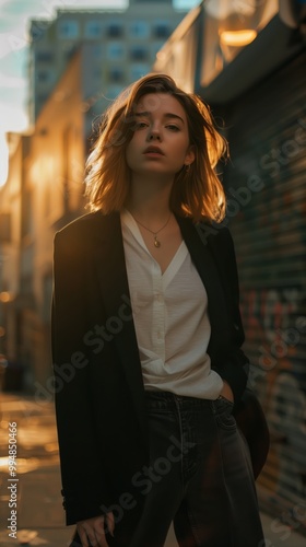 Fashionable Woman Walking in Urban Street at Sunset - Casual Chic Style Portrait with Sunlight Background