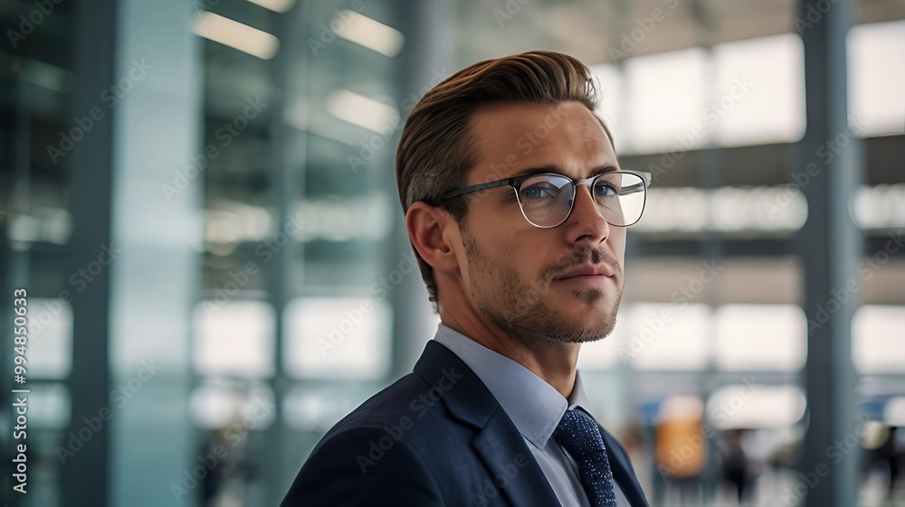 Portrait of a handsome businessman looking out of a glass wall at an airport Portrait of a handsome businessman looking out of a glass wall at an airport