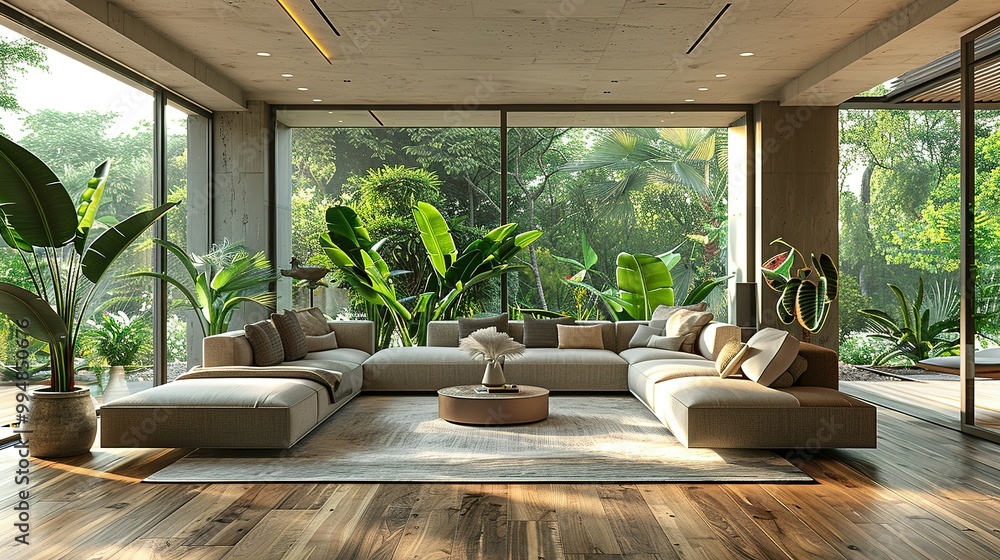 A spacious modern living room, with sleek furniture and green plants accentuating the luxury, large windows casting soft light on the wooden floor A spacious modern living room, with sleek furniture and green plants accentuating the luxury, large windows casting soft light on the wooden floor