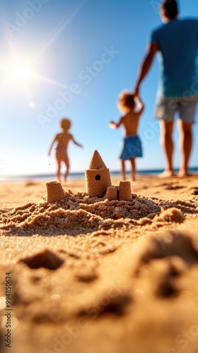 Children playing near a sandcastle on a sunny beach with parents in the background.