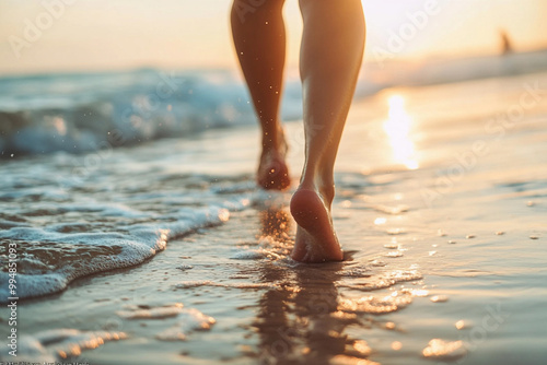 Closeup of woman feet walking on beach