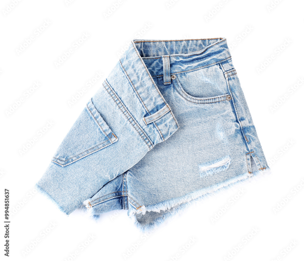 Stylish light blue denim shorts isolated on white, top view Stylish light blue denim shorts isolated on white, top view