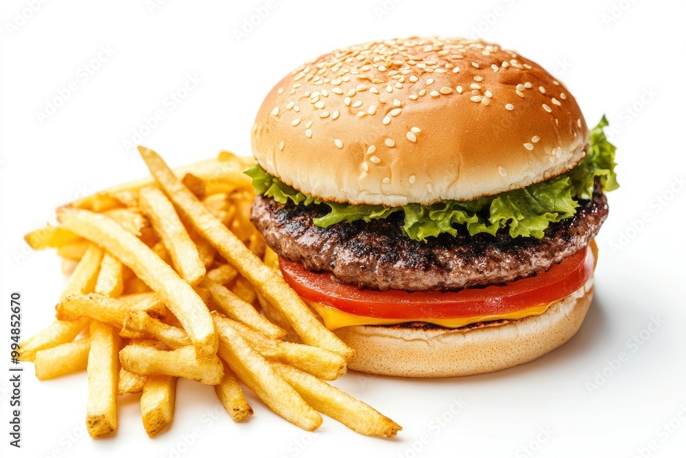 Close up of tasty burger isolated on white background. french fries and the burger with meat, cooking a burger at home. junk fast food. generative ai Close up of tasty burger isolated on white background. french fries and the burger with meat, cooking a burger at home. junk fast food. generative ai