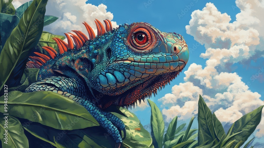 Obraz premium Colorful iguana resting among lush green leaves against a vibrant blue sky.