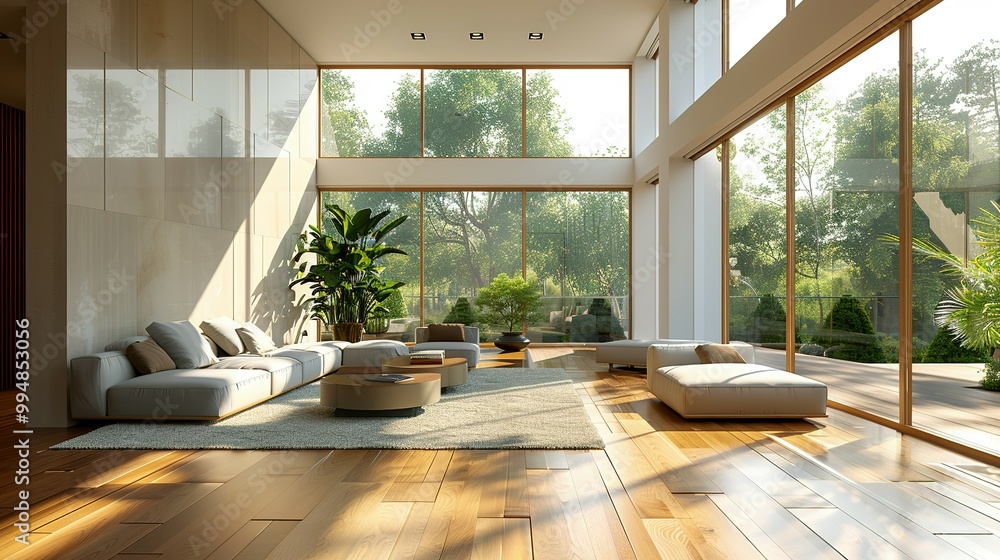 A spacious modern living room, with sleek furniture and green plants accentuating the luxury, large windows casting soft light on the wooden floor A spacious modern living room, with sleek furniture and green plants accentuating the luxury, large windows casting soft light on the wooden floor