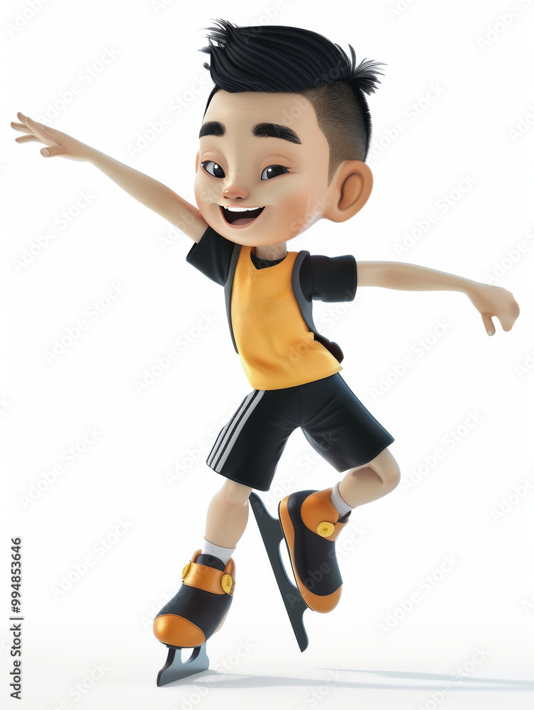 Adorable cartoon style 3D render of an Asian female figure skater performing a spin, elegant pose, white background, no logos Adorable cartoon style 3D render of an Asian female figure skater performing a spin, elegant pose, white background, no logos
