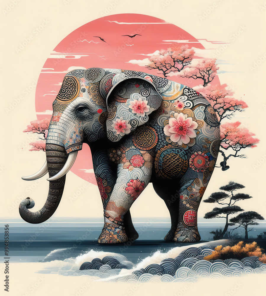 Obraz premium 日本画（Japanese painting）／象（Elephant） 浮世絵 イラスト