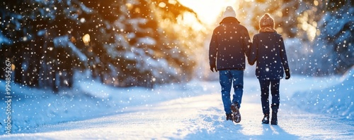 Couple walking through a snowy landscape under a warm sunset glow. photo