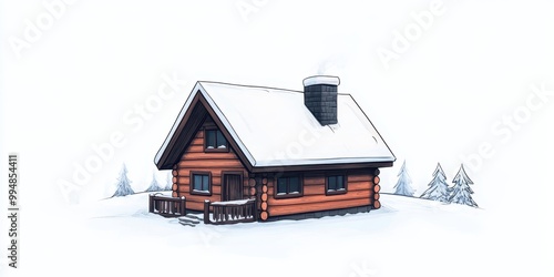 Cozy wooden cabin in the snow, white isolate background. photo