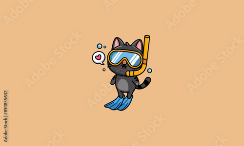 Snorkeling cat in fins with a heart speech bubble