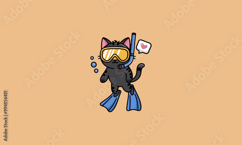 Snorkeling cat in fins with a heart speech bubble