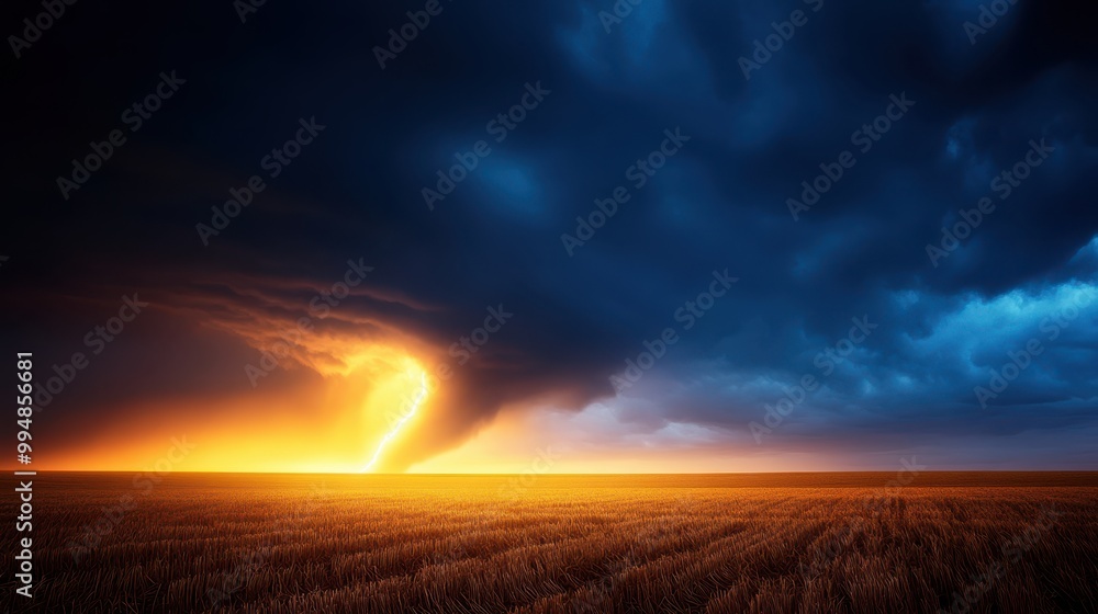 Dramatic storm clouds illuminated by orange light over a golden landscape. Dramatic storm clouds illuminated by orange light over a golden landscape.