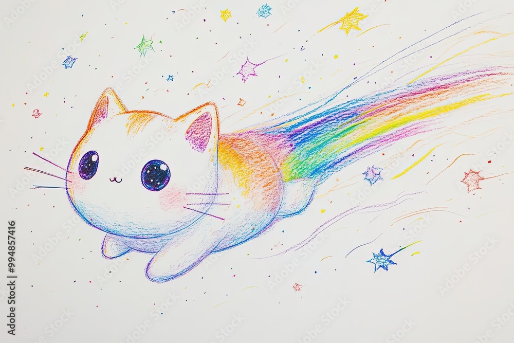 A cute baby cat in a spacesuit waves happily while floating among colorful stars. The playful illustration uses a rainbow gradient, giving the scene a whimsical and cheerful vibe. A cute baby cat in a spacesuit waves happily while floating among colorful stars. The playful illustration uses a rainbow gradient, giving the scene a whimsical and cheerful vibe.