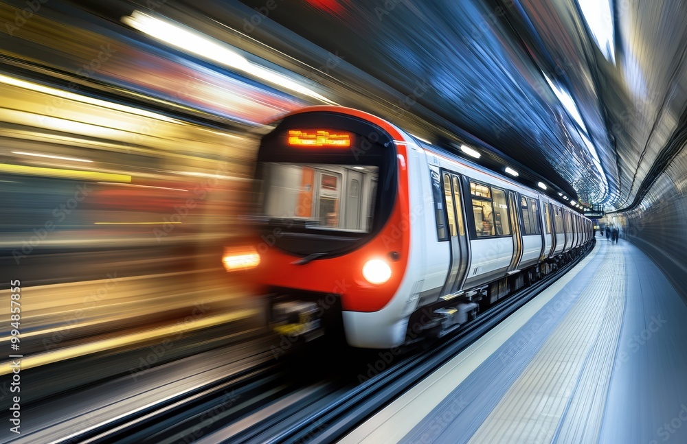 Fototapeta premium A subway train streaks through the cityscape in a long exposure image, reflecting dynamic movement and contemporary transit.