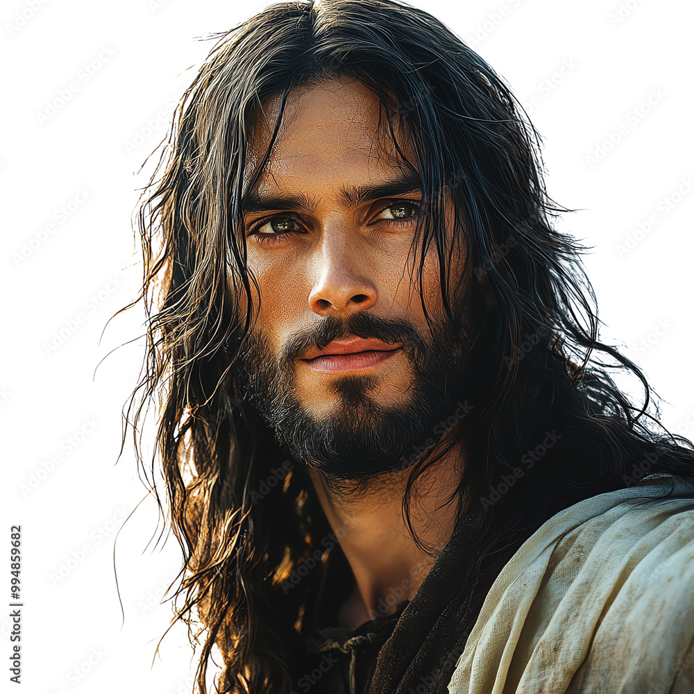 A captivating portrait of a man with long hair and a thoughtful expression, exuding a sense of peace and introspection.,trasparent background A captivating portrait of a man with long hair and a thoughtful expression, exuding a sense of peace and introspection.,trasparent background