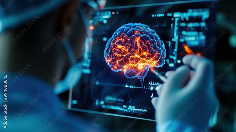 Fototapeta premium Healthcare professional analyzing brain activity on digital screen.