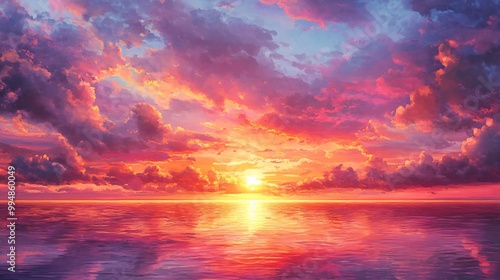 A stunning sunset over a calm sea with vibrant pink, orange, and yellow colors in the sky and the water.