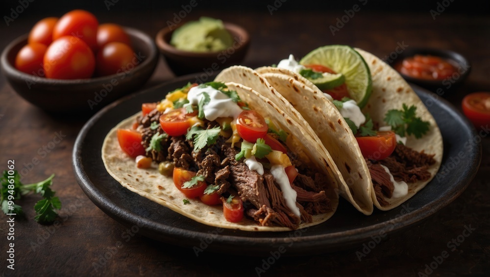 Plate of tacos with colorful toppings on wooden table Plate of tacos with colorful toppings on wooden table