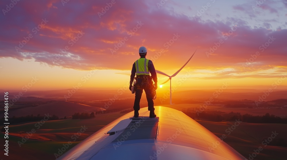 An engineer atop a windmill admires a vibrant sunset, symbolizing his hard work and innovation. An engineer atop a windmill admires a vibrant sunset, symbolizing his hard work and innovation.