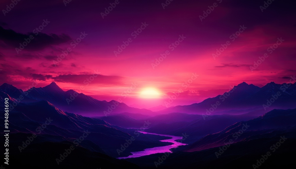 Majestic sunset over mountains with purple and pink hues and a winding river. Majestic sunset over mountains with purple and pink hues and a winding river.